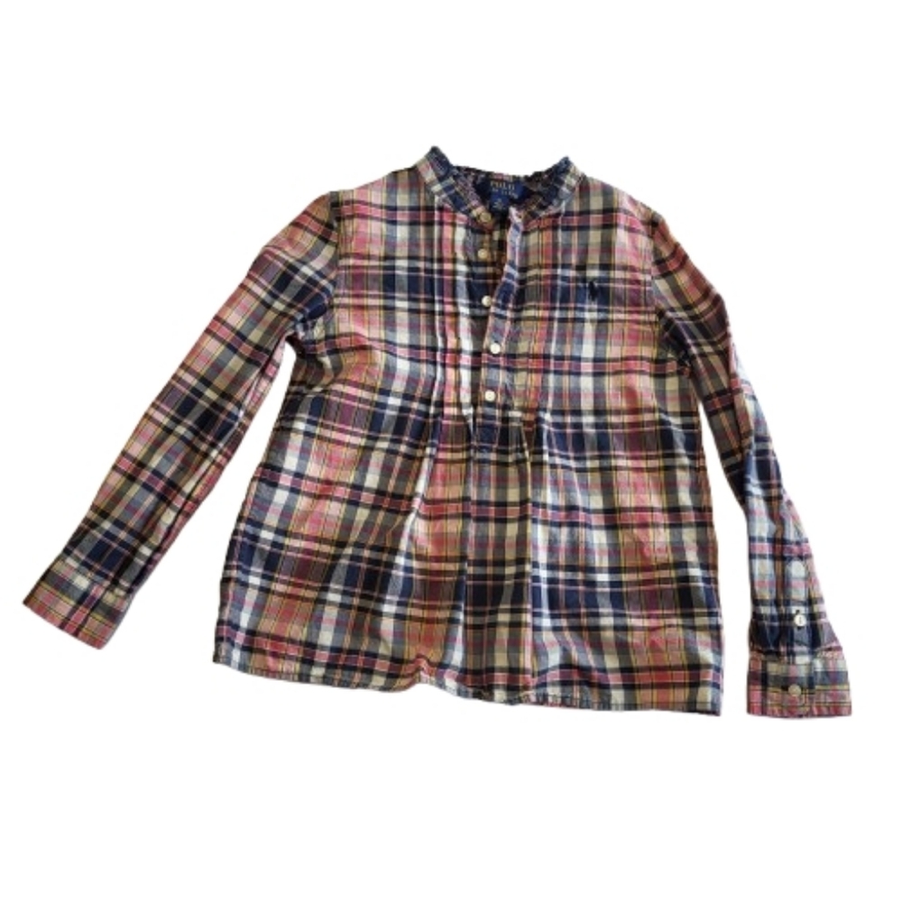 Polo Ralph Lauren Madras Plaid Pop Over Blouse Cotton‎ Ruffle Girl's Size 6X